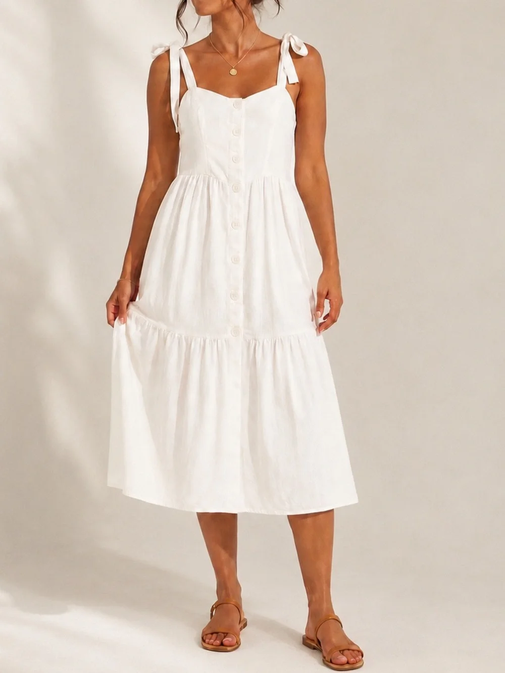 Urban Outfitters | White Cotton Tie Strap Button Front Midi Dress Size Medium